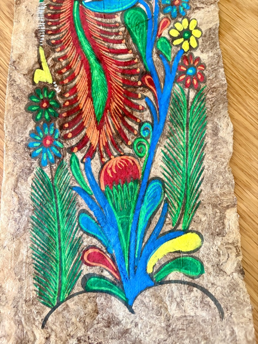 Hand-Painted Bird & Floral Mexican Bark Art - Bright Blue, Green, Red - Picture 3 of 3